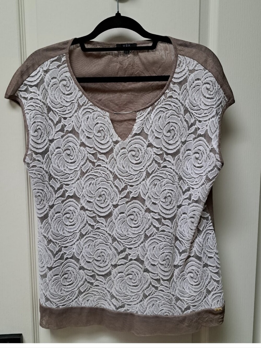 Lace Overlay Tank with Floral Motif - Off White on Taupe